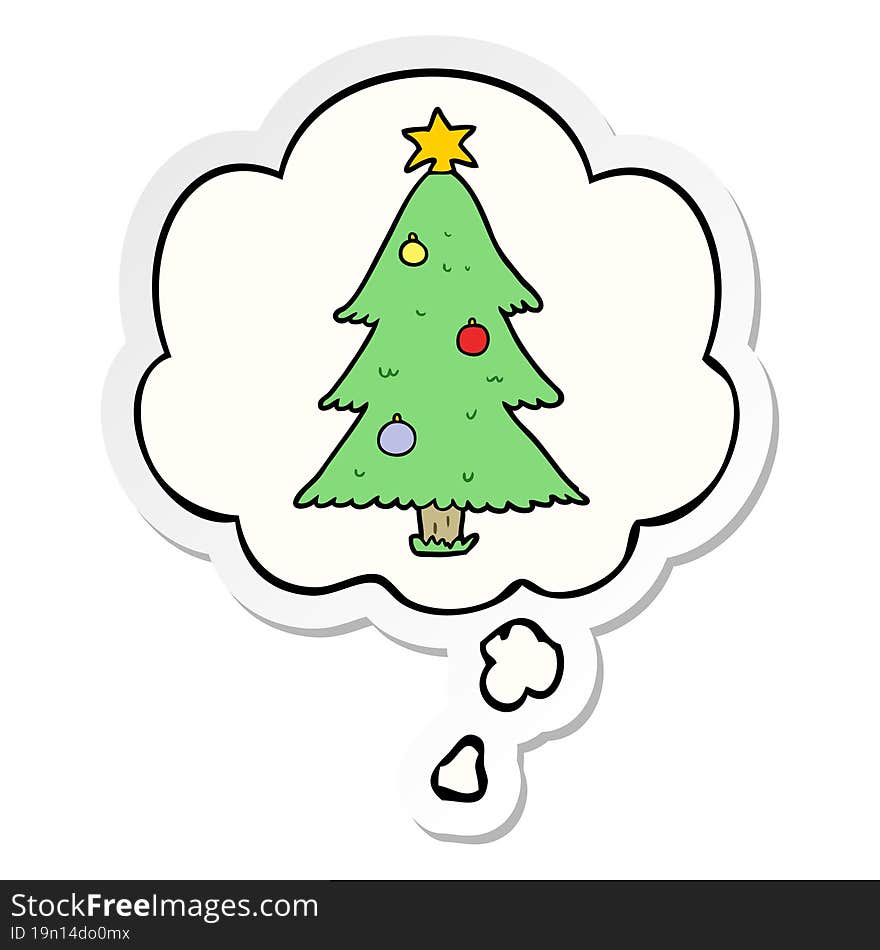 cartoon christmas tree and thought bubble as a printed sticker