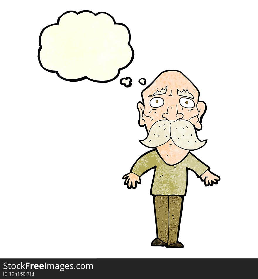 cartoon sad old man with thought bubble