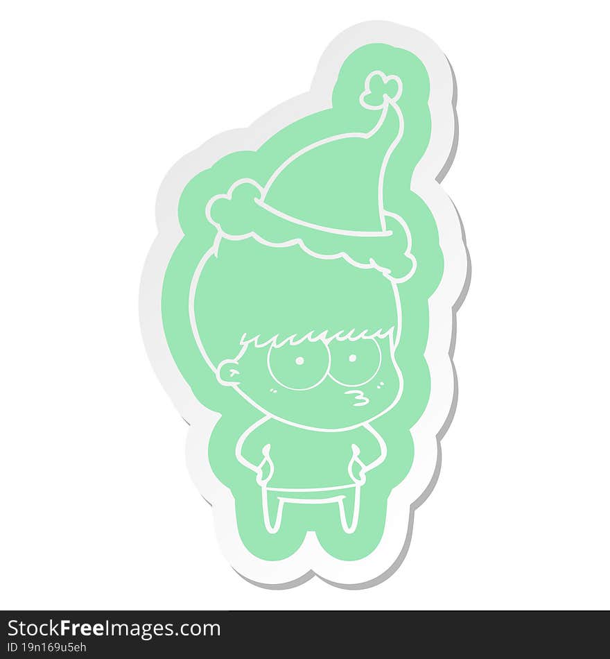 nervous cartoon  sticker of a boy wearing santa hat