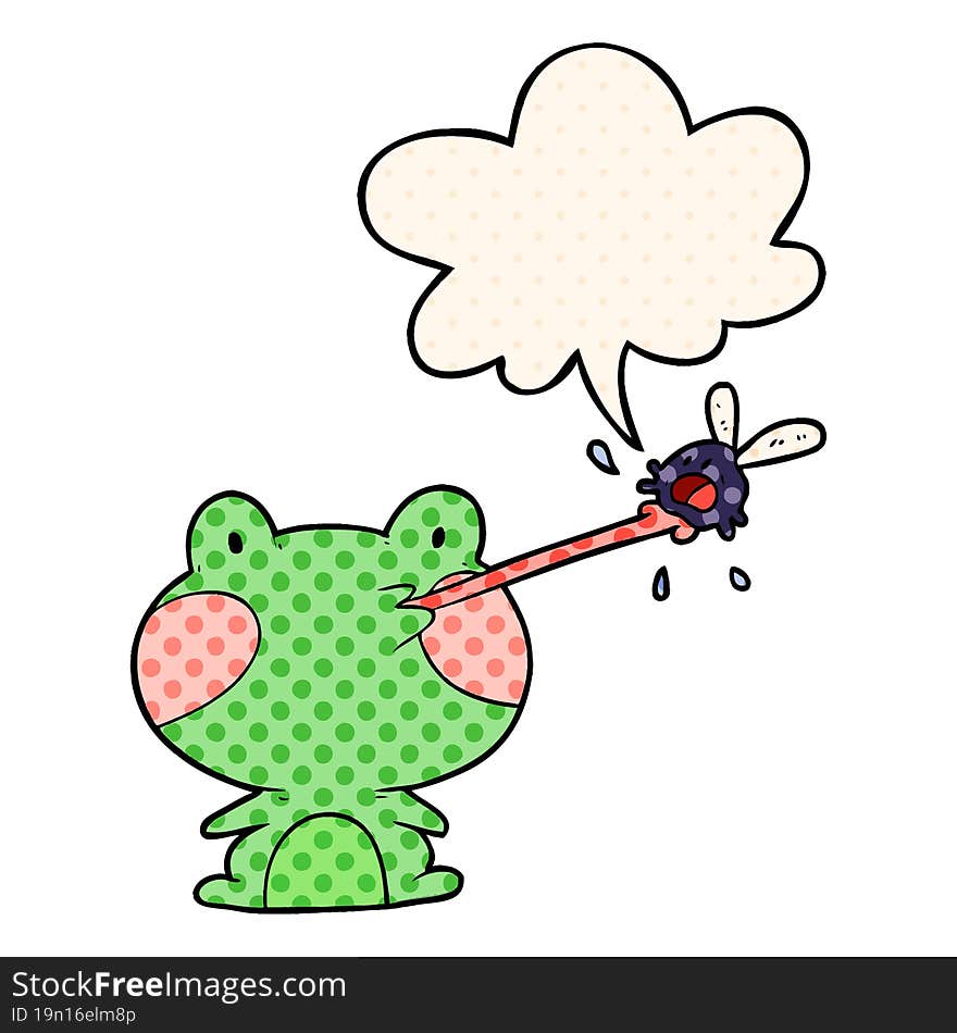 cute cartoon frog catching fly with tongue with speech bubble in comic book style. cute cartoon frog catching fly with tongue with speech bubble in comic book style