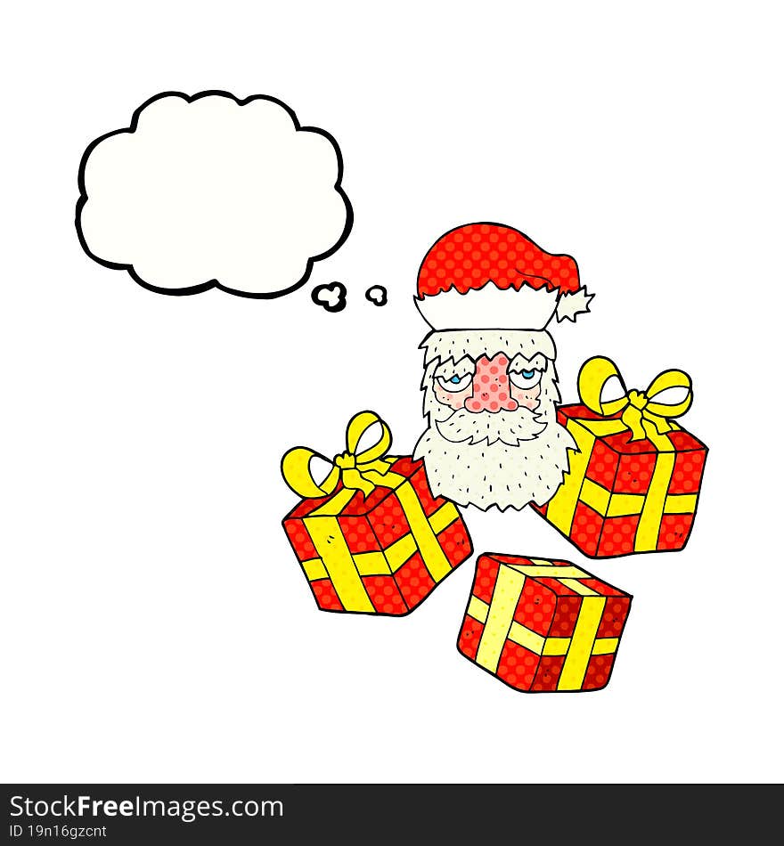 thought bubble cartoon tired santa claus face with presents