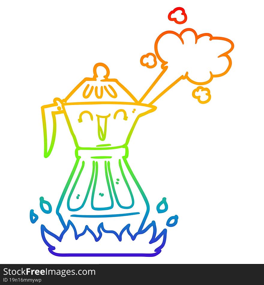 rainbow gradient line drawing of a cartoon coffee pot