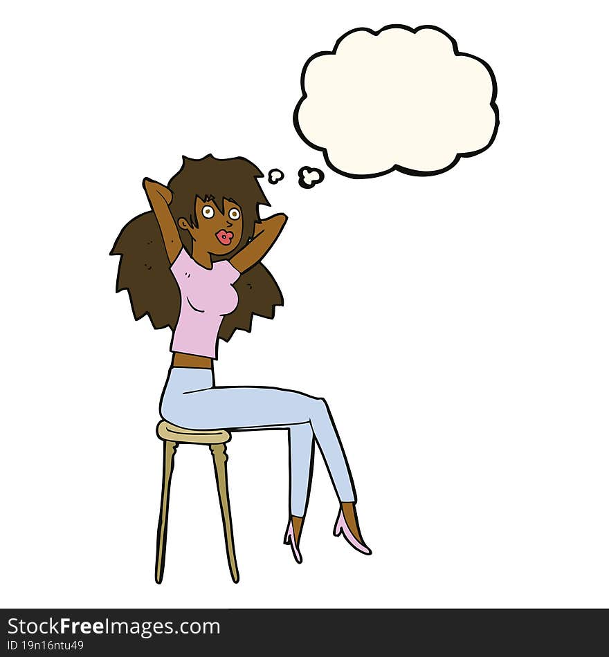 Cartoon Woman Posing On Stool With Thought Bubble