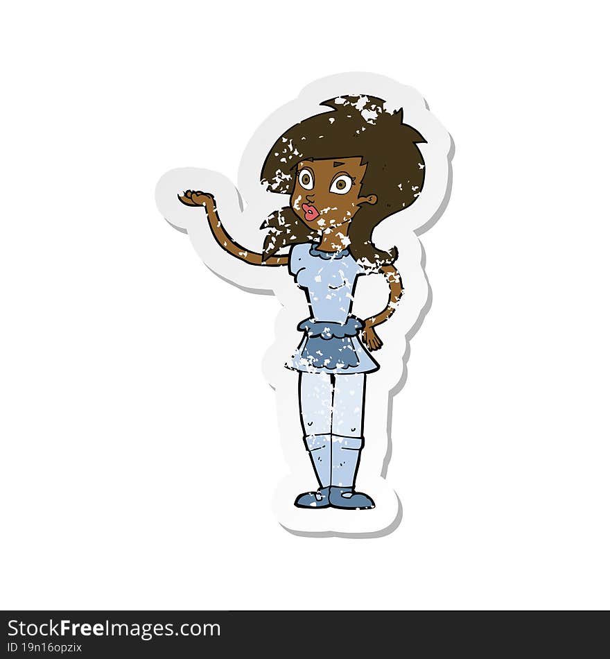 retro distressed sticker of a cartoon pretty waitress