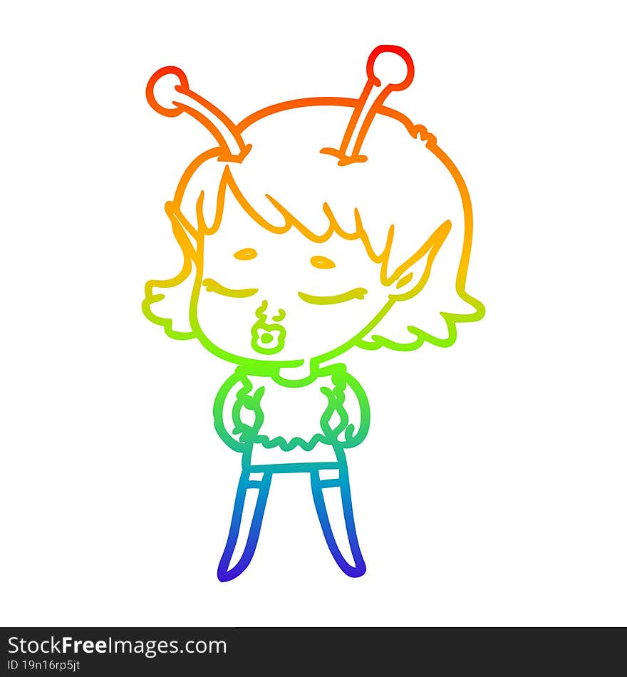 Rainbow Gradient Line Drawing Cute Alien Girl Cartoon