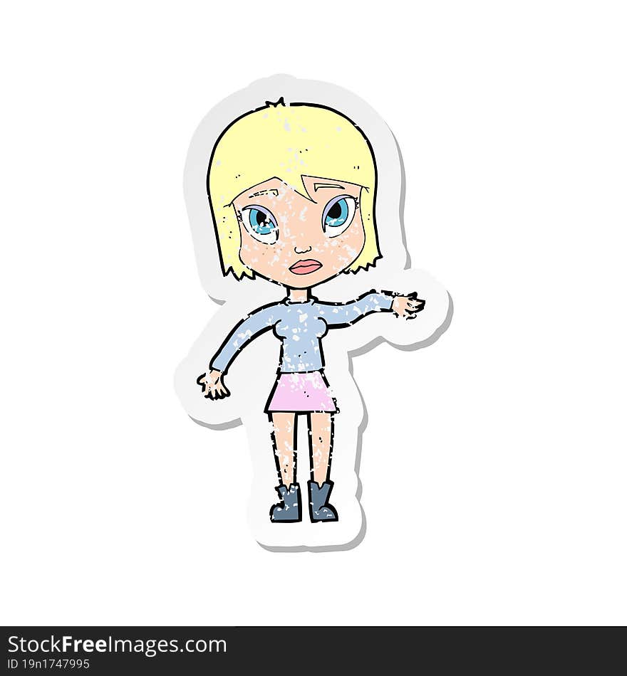 retro distressed sticker of a cartoon woman waving hand