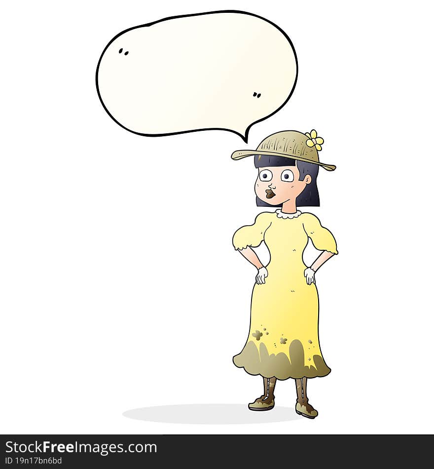 freehand drawn speech bubble cartoon woman in sensible dress. freehand drawn speech bubble cartoon woman in sensible dress