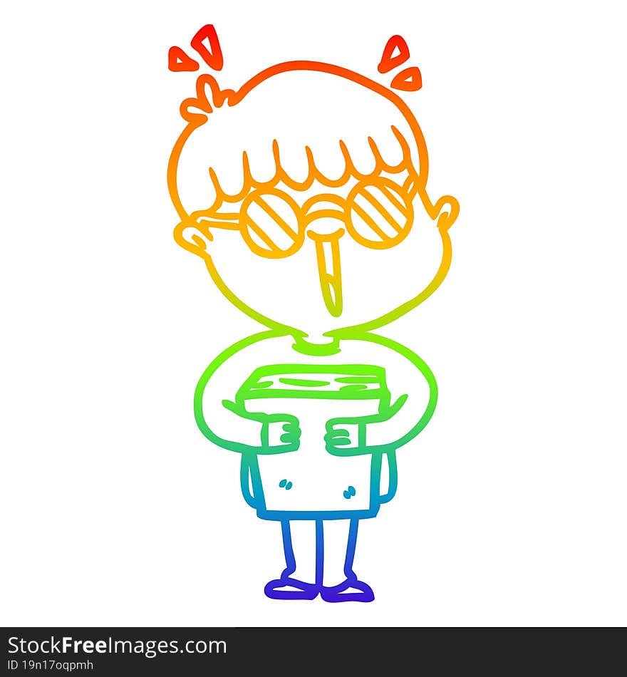 Rainbow Gradient Line Drawing Cartoon Boy And Book