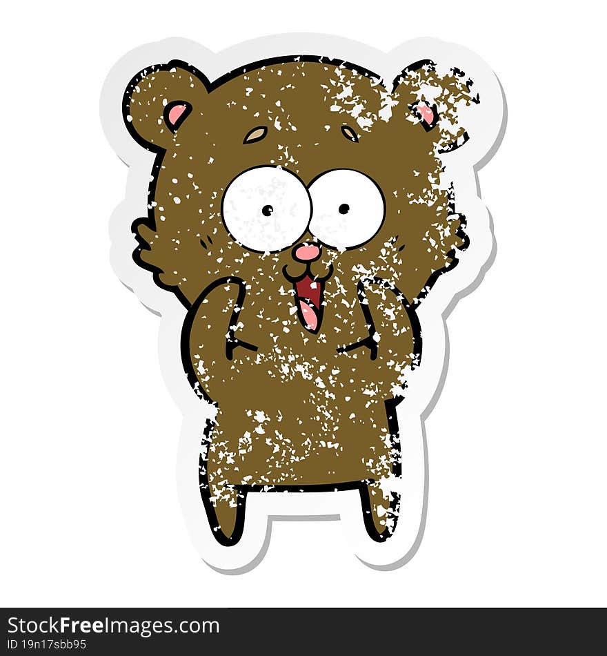 Distressed Sticker Of A Laughing Teddy  Bear Cartoon