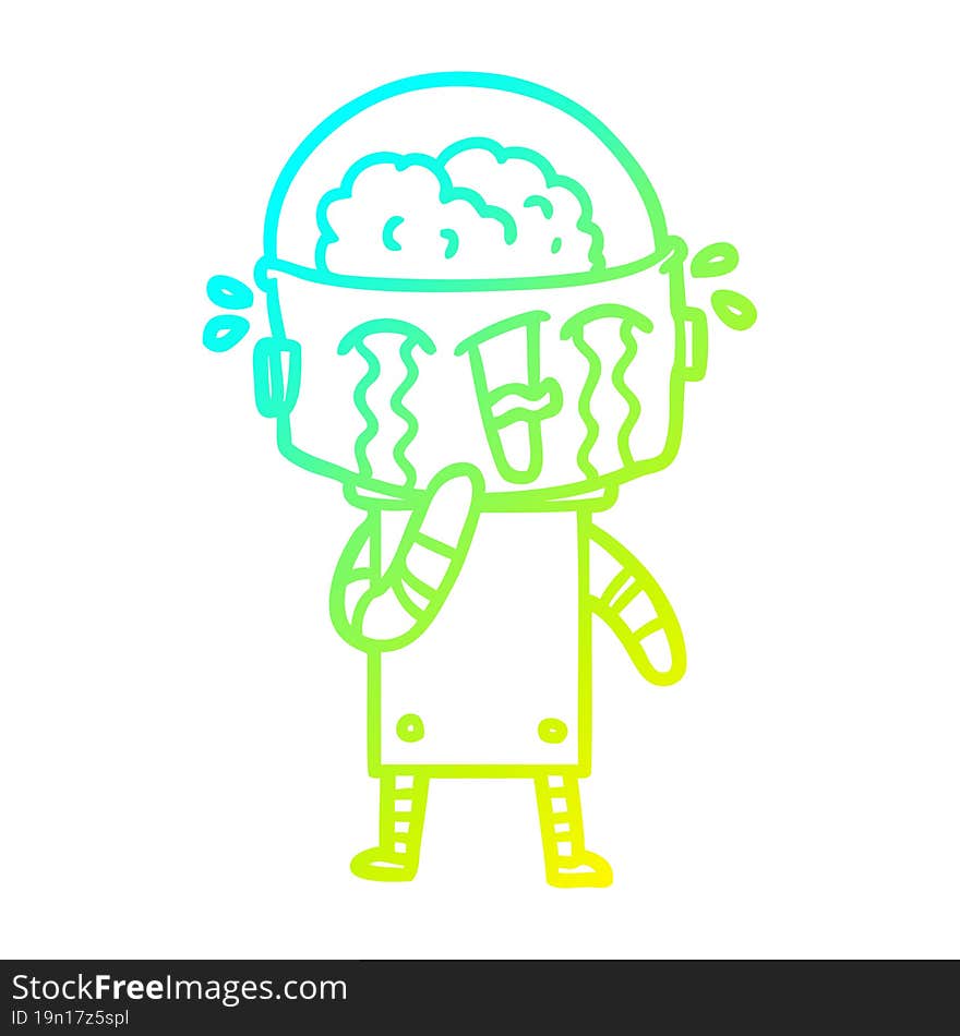 cold gradient line drawing cartoon crying robot