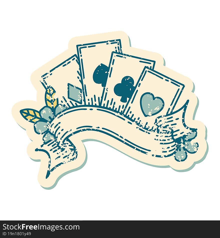 iconic distressed sticker tattoo style image of cards and banner. iconic distressed sticker tattoo style image of cards and banner