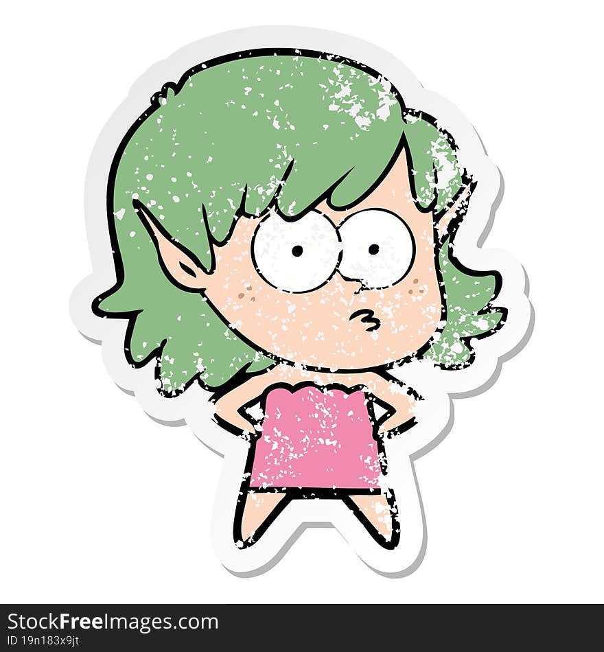 distressed sticker of a cartoon elf girl staring