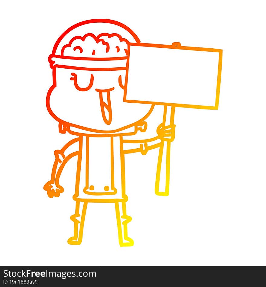 warm gradient line drawing of a happy cartoon robot with sign