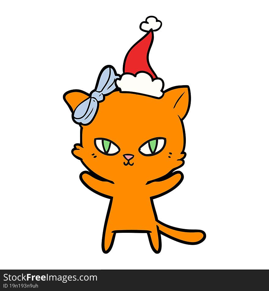 cute hand drawn line drawing of a cat wearing santa hat. cute hand drawn line drawing of a cat wearing santa hat