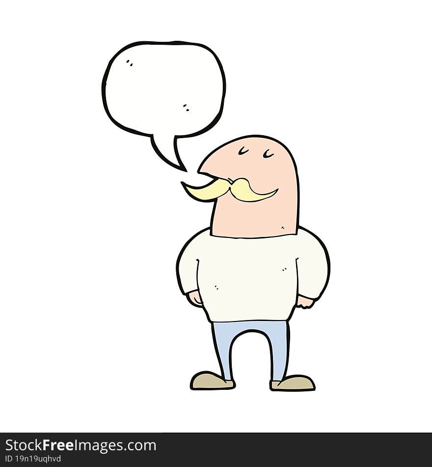 cartoon bald man with mustache with speech bubble