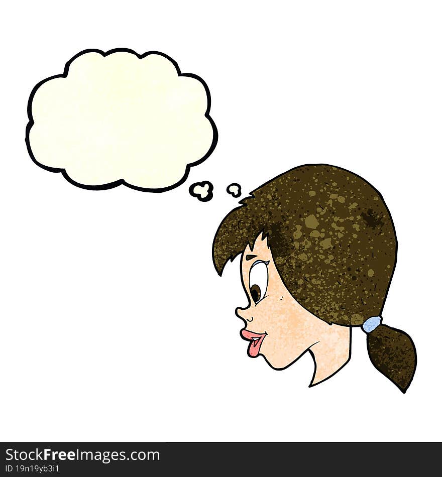 cartoon pretty female face with thought bubble