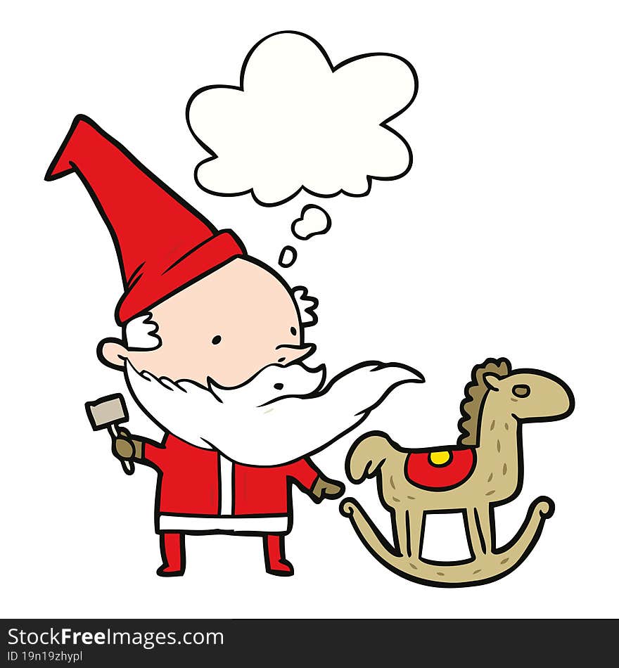 cartoon santa making toy with thought bubble. cartoon santa making toy with thought bubble