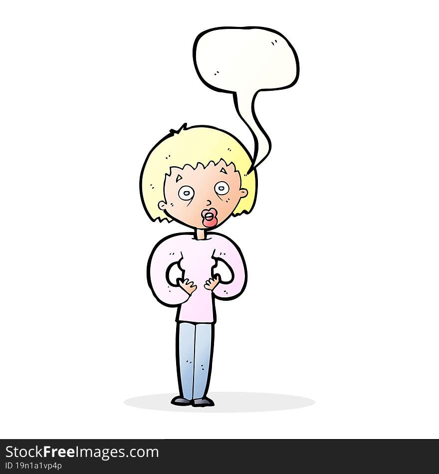 cartoon woman gesturing at self with speech bubble