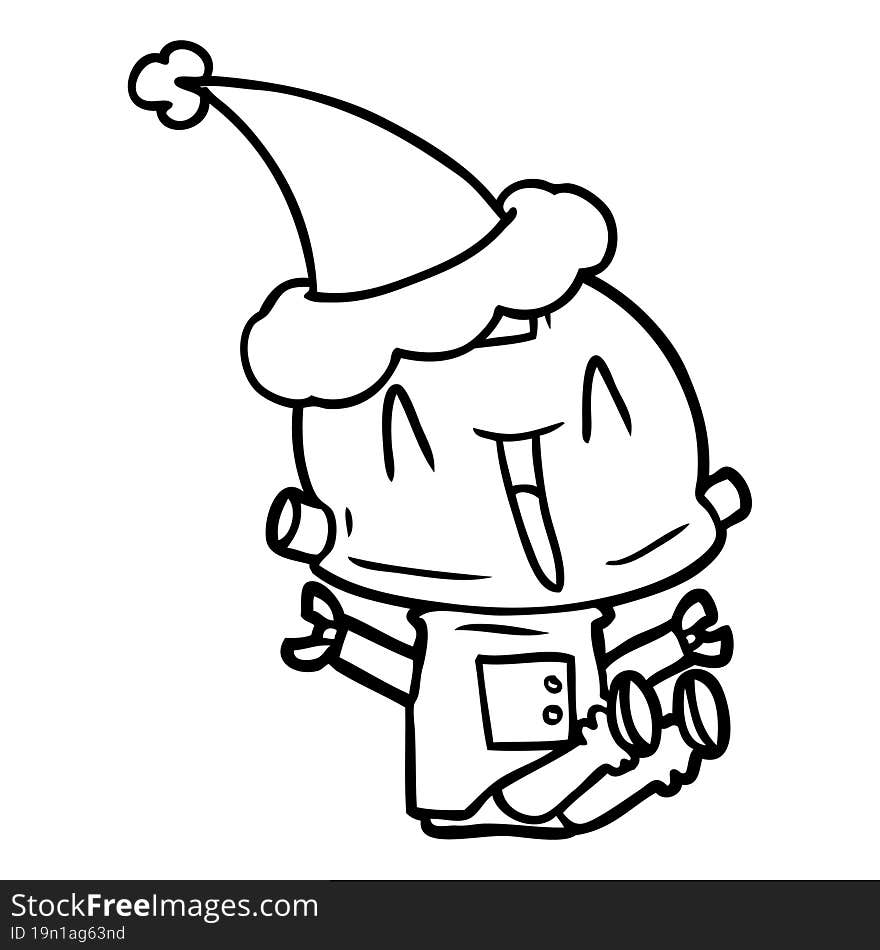 line drawing of a robot wearing santa hat