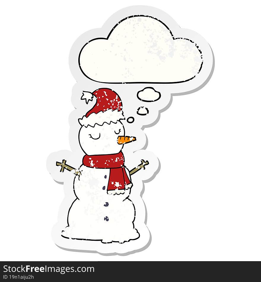 cartoon snowman and thought bubble as a distressed worn sticker