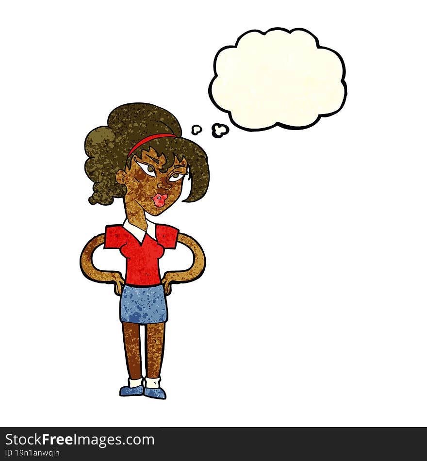 cartoon woman with hands on hips with thought bubble