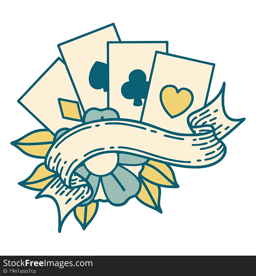 tattoo style icon of cards and banner