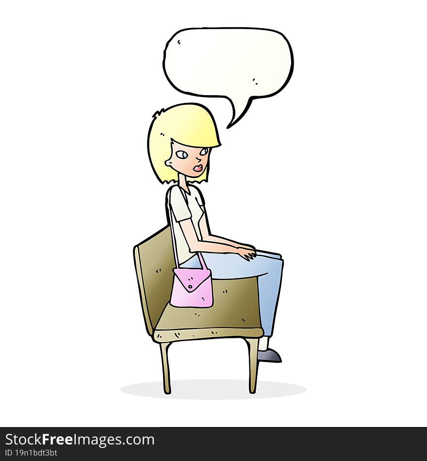 cartoon woman sitting on bench with speech bubble