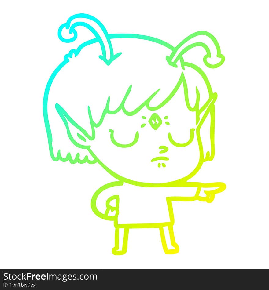 cold gradient line drawing of a cartoon alien girl