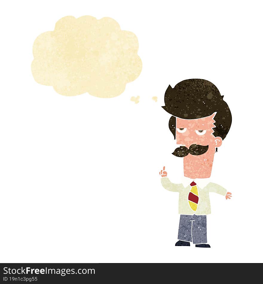 cartoon man with mustache explaining with thought bubble