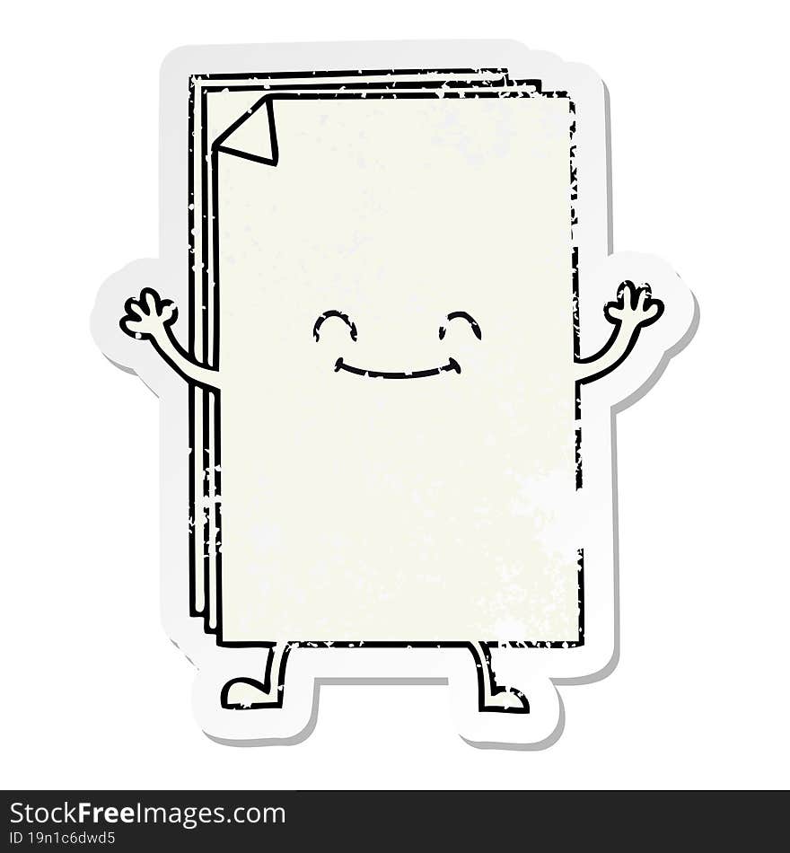 distressed sticker of a quirky hand drawn cartoon happy stack of papers