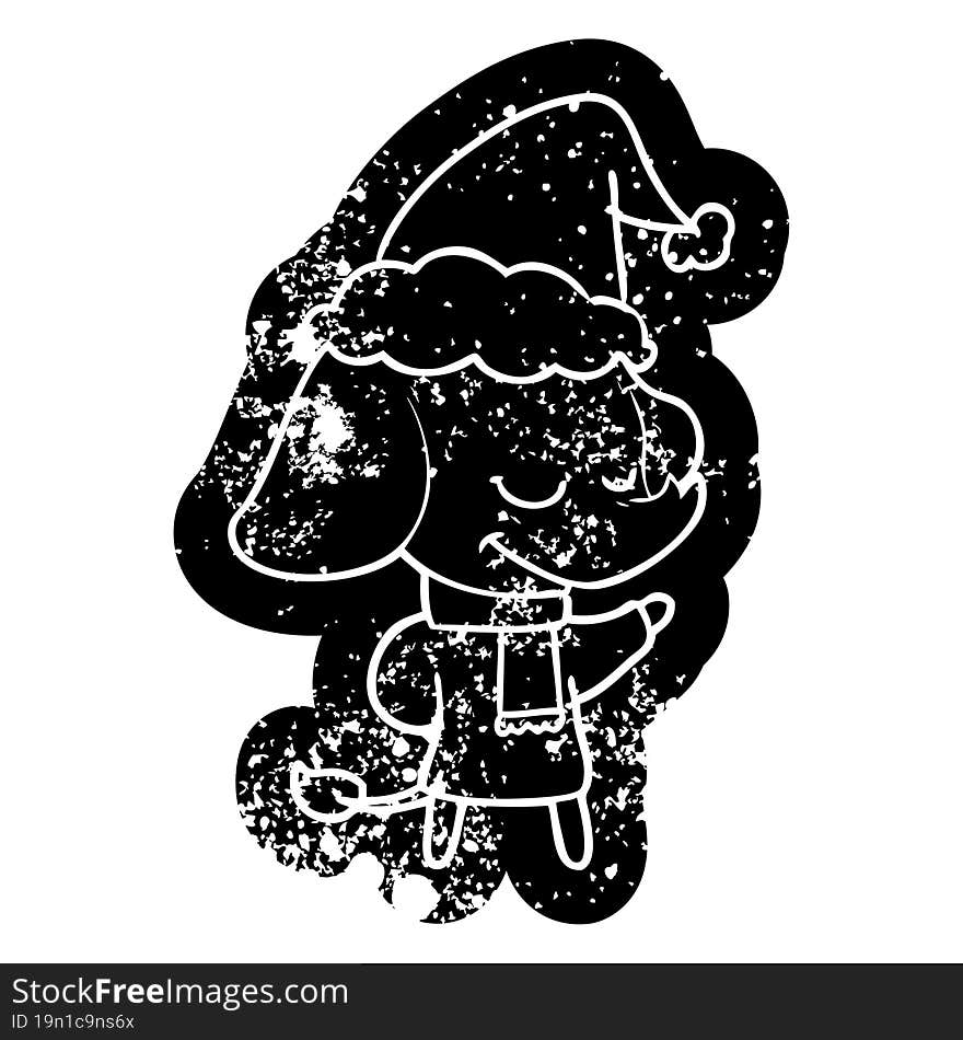 Cartoon Distressed Icon Of A Smiling Elephant Wearing Scarf Wearing Santa Hat