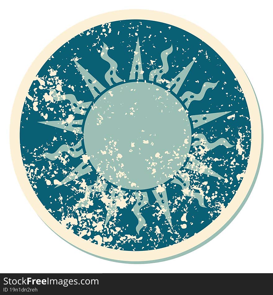 distressed sticker tattoo style icon of a sun