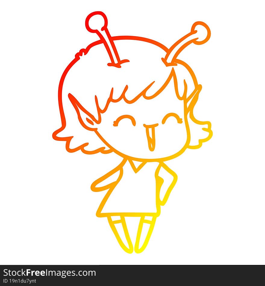 warm gradient line drawing of a cartoon alien girl laughing