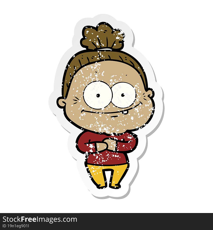 distressed sticker of a cartoon happy old woman