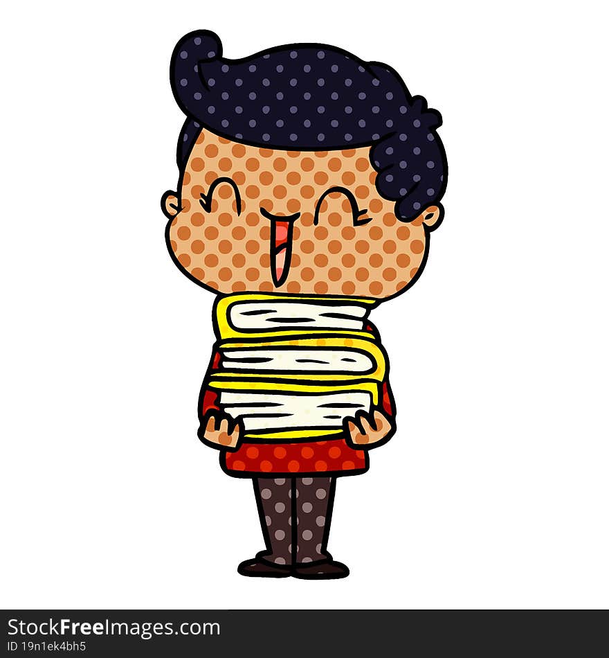 cartoon laughing boy carrying books. cartoon laughing boy carrying books