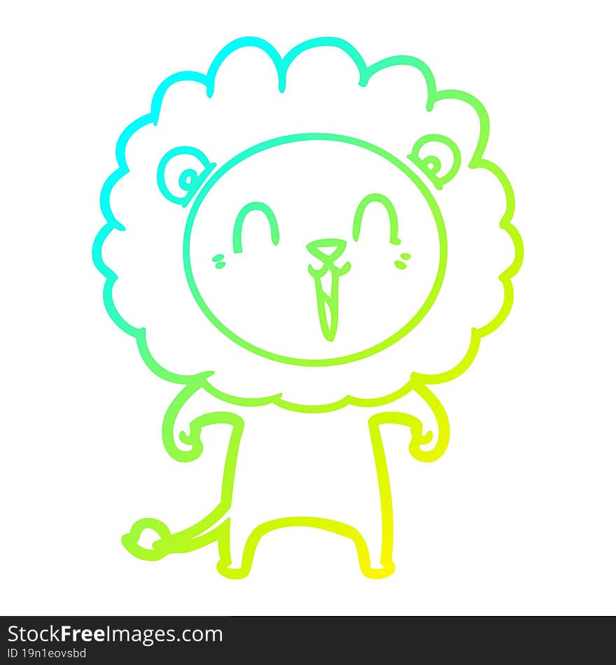 cold gradient line drawing of a laughing lion cartoon