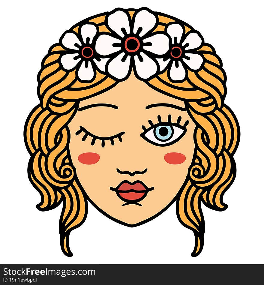 tattoo in traditional style of a maidens face winking. tattoo in traditional style of a maidens face winking