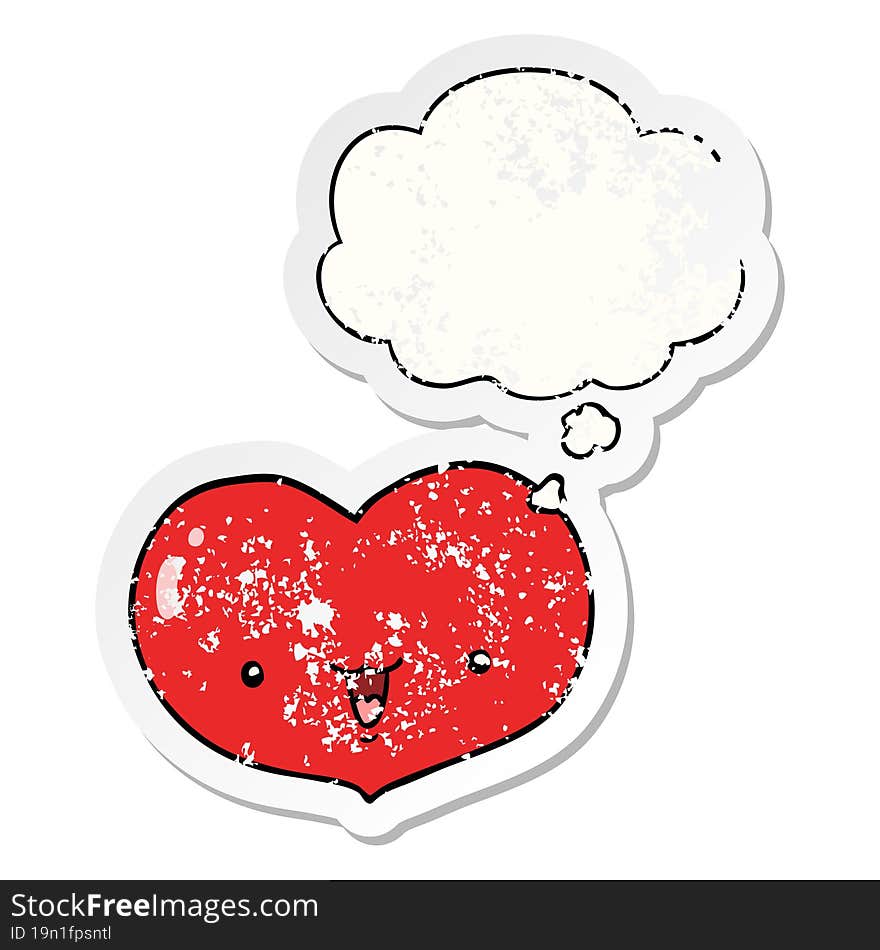 cartoon love heart character and thought bubble as a distressed worn sticker