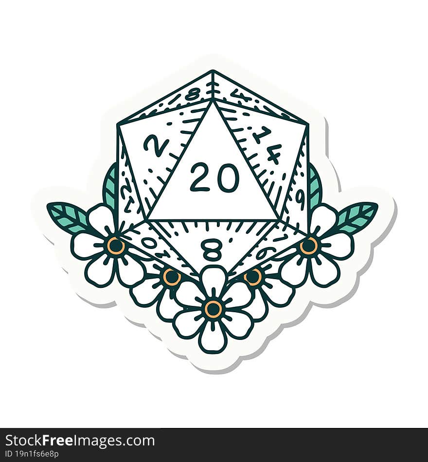 Natural 20 D20 Dice Roll With Floral Elements Sticker