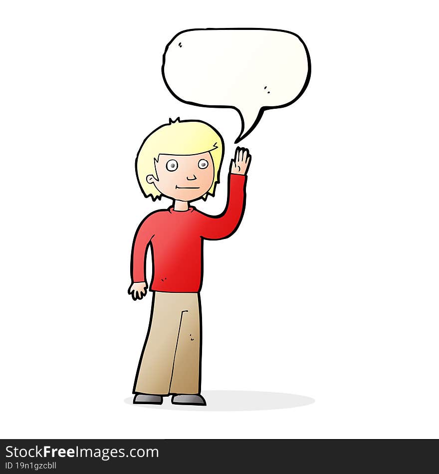 cartoon friendly boy waving with speech bubble