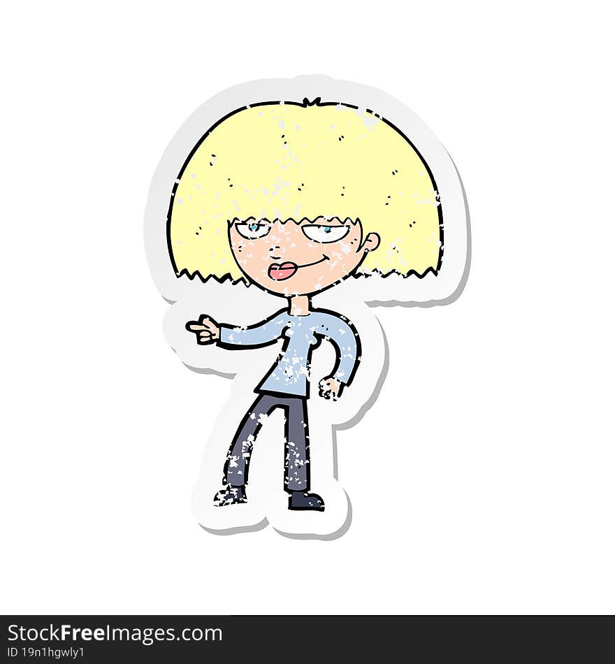 retro distressed sticker of a cartoon happy woman pointing