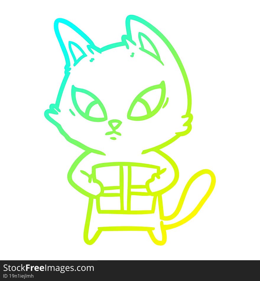 cold gradient line drawing confused cartoon cat with gift