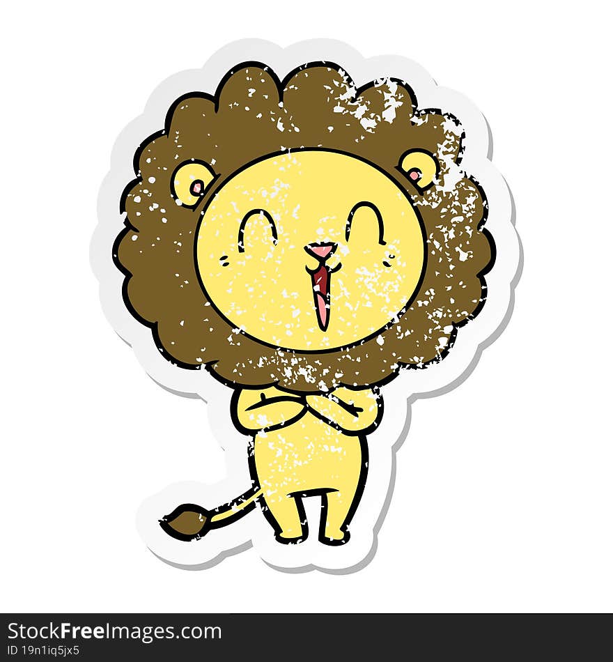 Distressed Sticker Of A Laughing Lion Cartoon