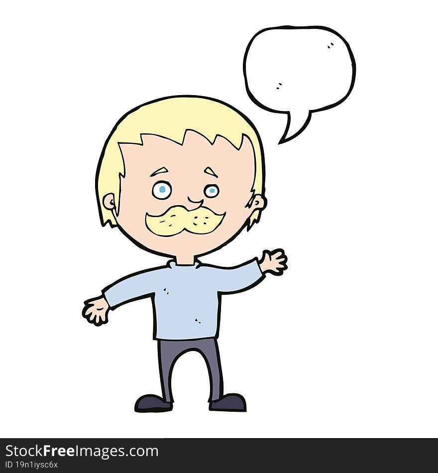 cartoon man with mustache waving with speech bubble