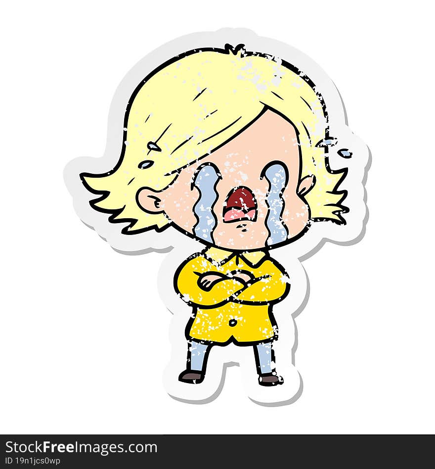 distressed sticker of a cartoon woman crying