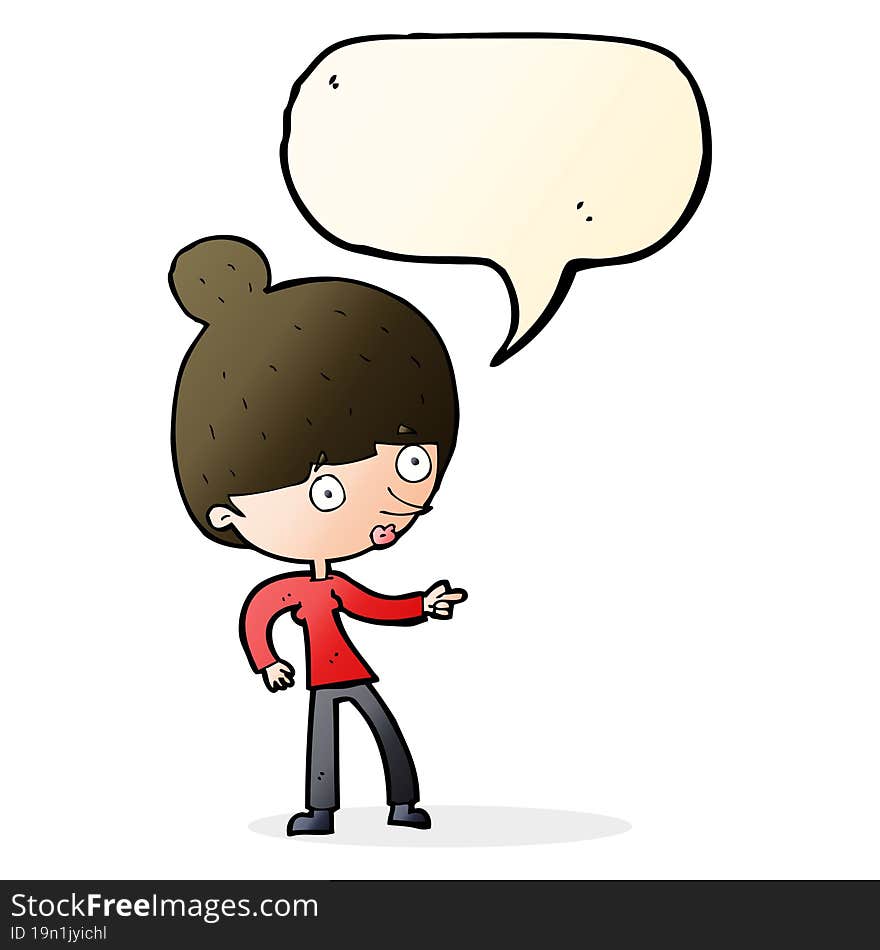 cartoon woman pointing with speech bubble