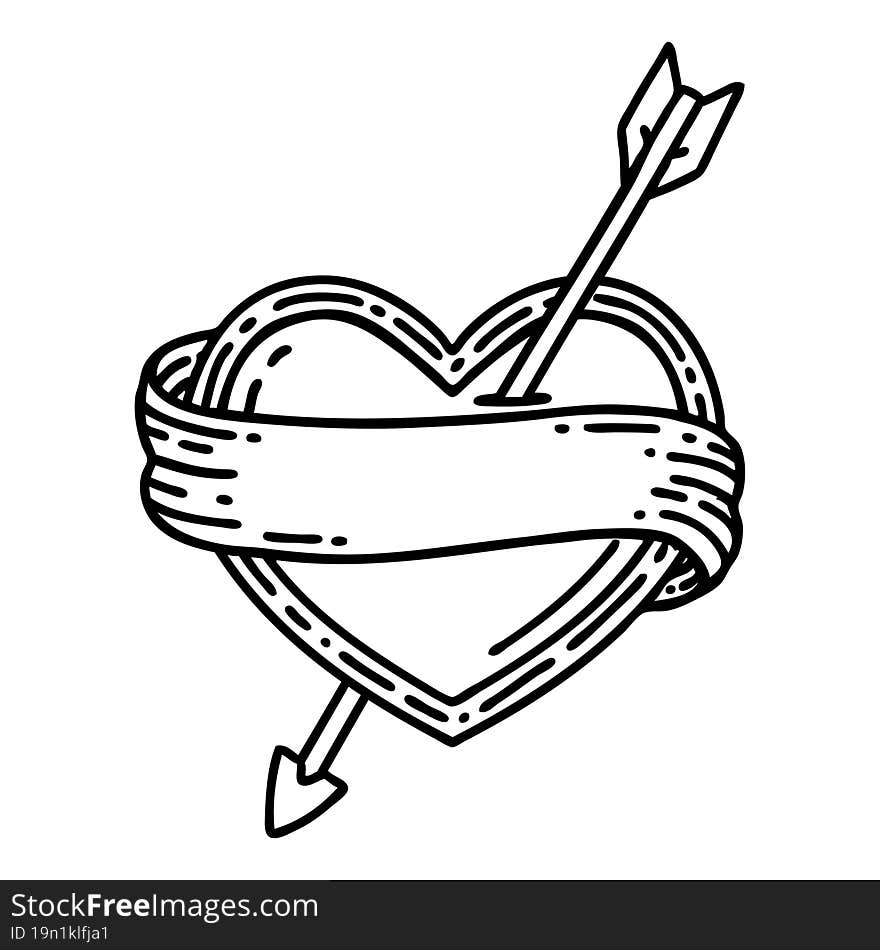 black line tattoo of an arrow heart and banner