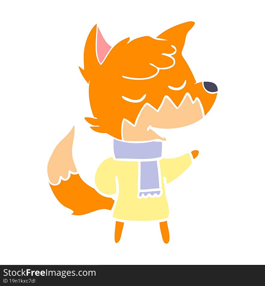 friendly flat color style cartoon fox in winter clothes