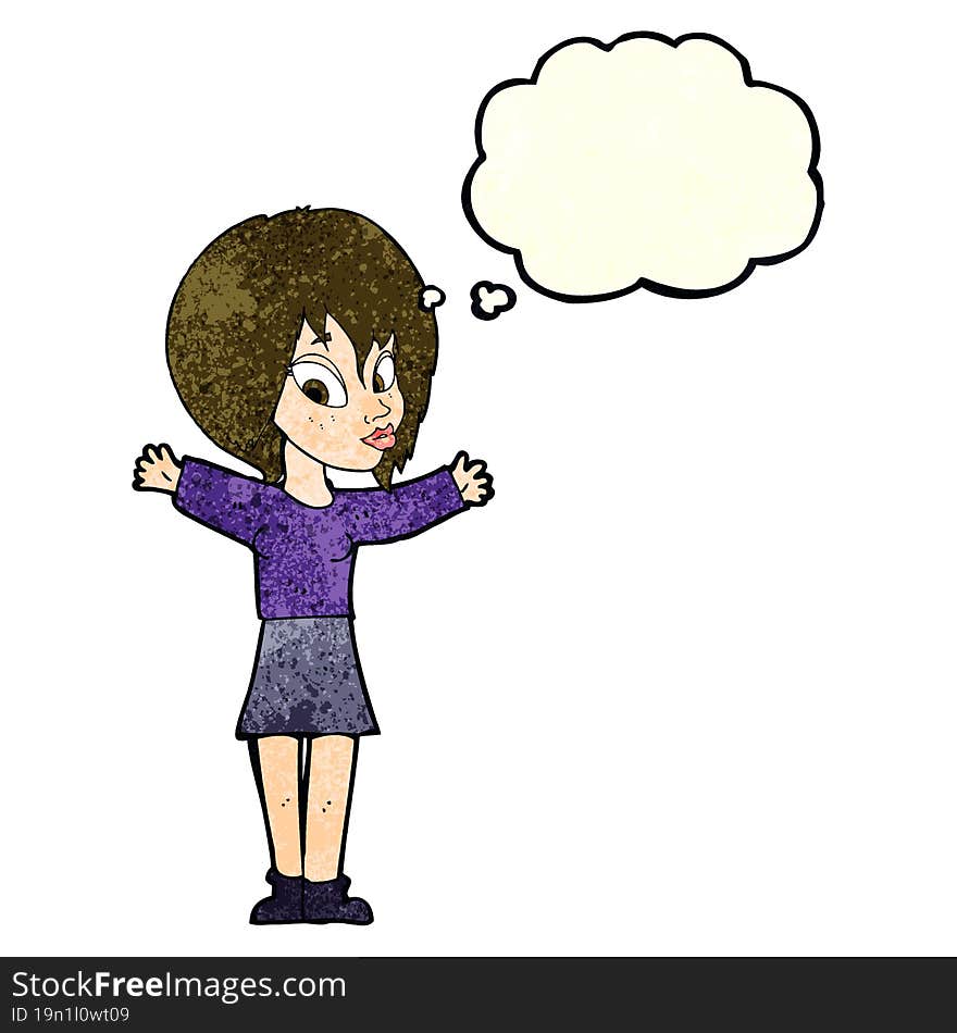 cartoon woman with open arms with thought bubble