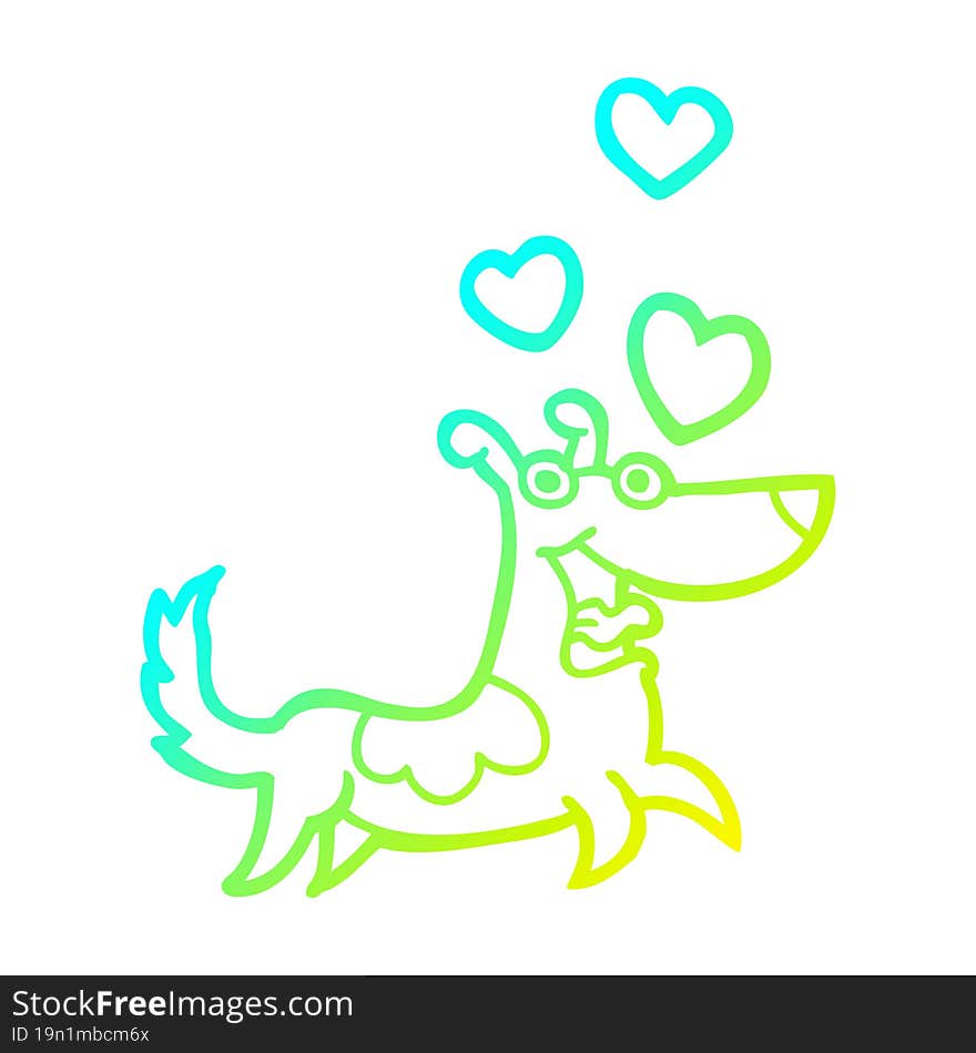 cold gradient line drawing of a cartoon dog with love hearts